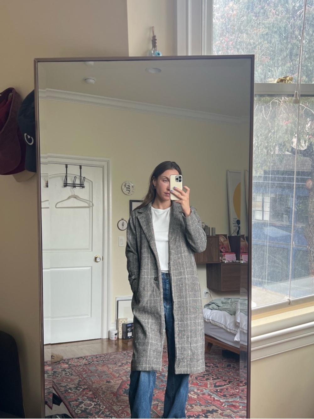 Forever 21 Gray Plaid Long Trench Coat
